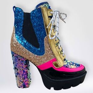 Cape Robbin Mermaid Gold Multi-Color Sequin Platform Lace Boots Size 7.5